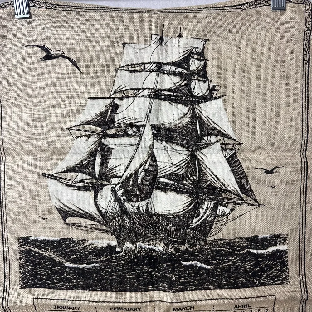 Vintage 1967 Linen Calendar Tea Towel Warren Boucher Tall Ship Nautical Sea Poem